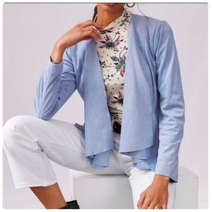 ANTHRO*Hutch* Draped Faux Suede Chic Jacket in Blue Open Cardigan Size Small ●